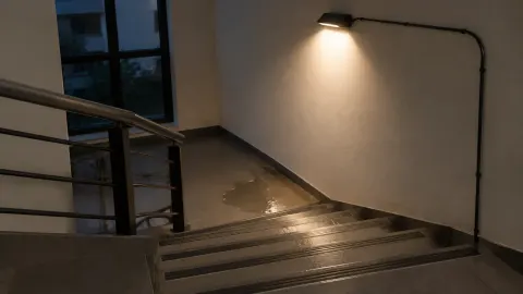 Anak tangga basah di bawah lampu dinding