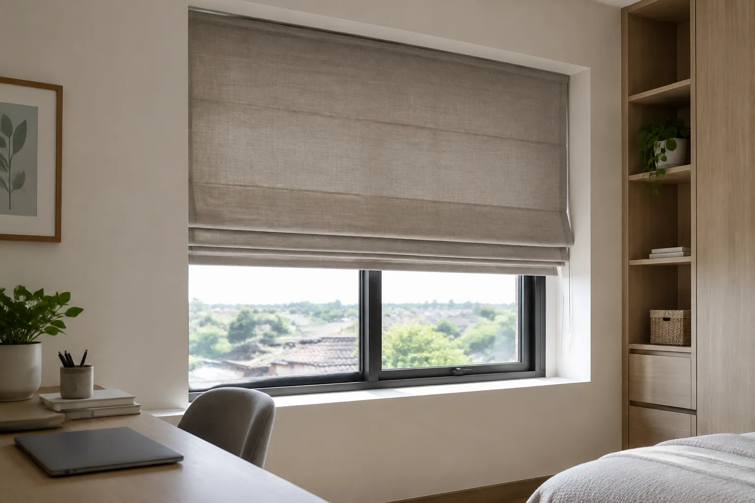 Roman blind terlipat sebagian di atas jendela kamar