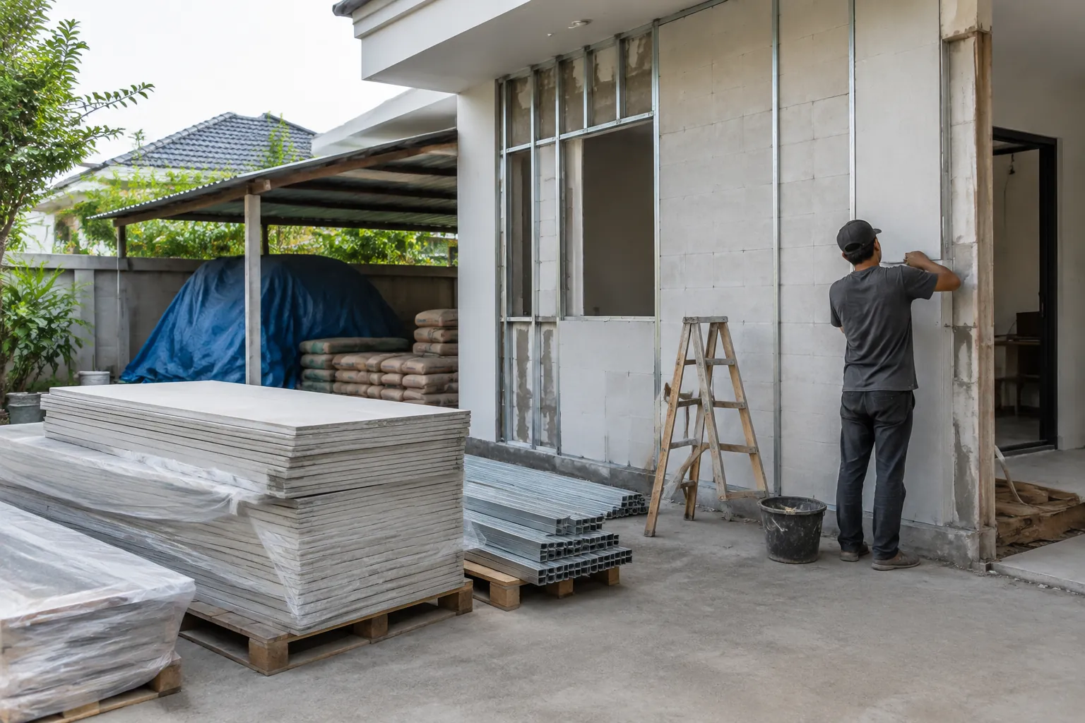 Tumpukan papan dinding dan pekerja pada tahap pemasangan luar