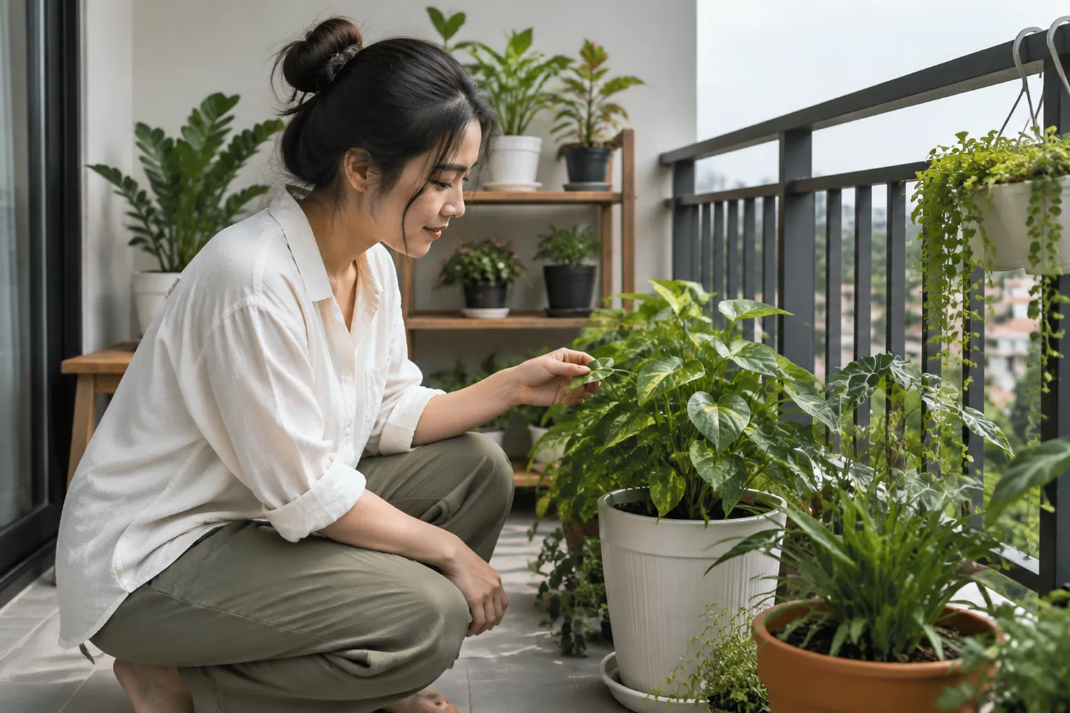Penghuni merawat tanaman pot di balkon rumah