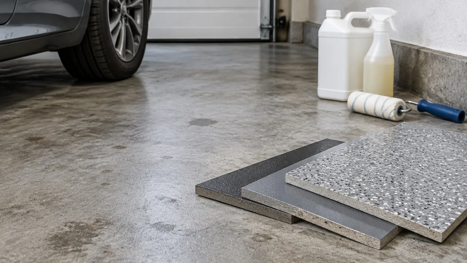 Contoh bahan lantai di dekat mobil garasi