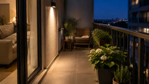 Balkon sempit dengan lampu dinding pada malam hari