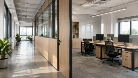 Partisi kaca membagi koridor dan area kerja kantor