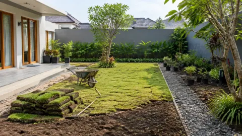 Gulungan rumput dan area tanah terbuka dalam pekerjaan taman
