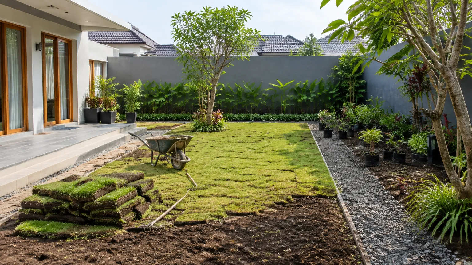 Gulungan rumput dan area tanah terbuka dalam pekerjaan taman