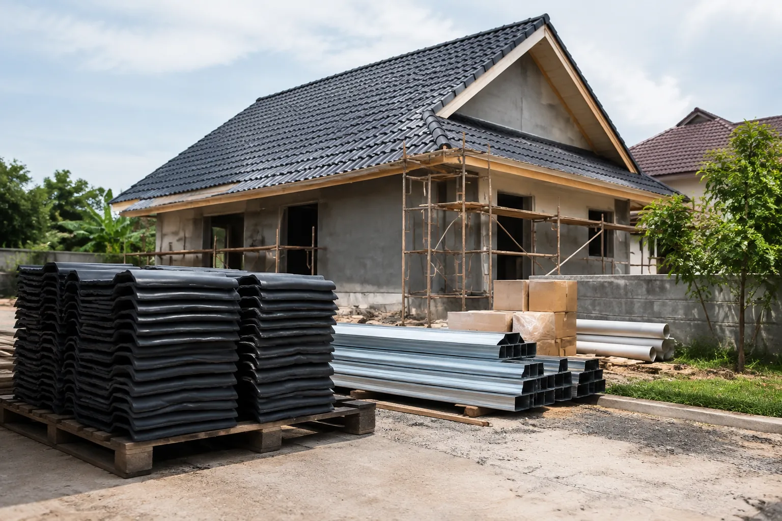 Bahan atap menumpuk di proyek.