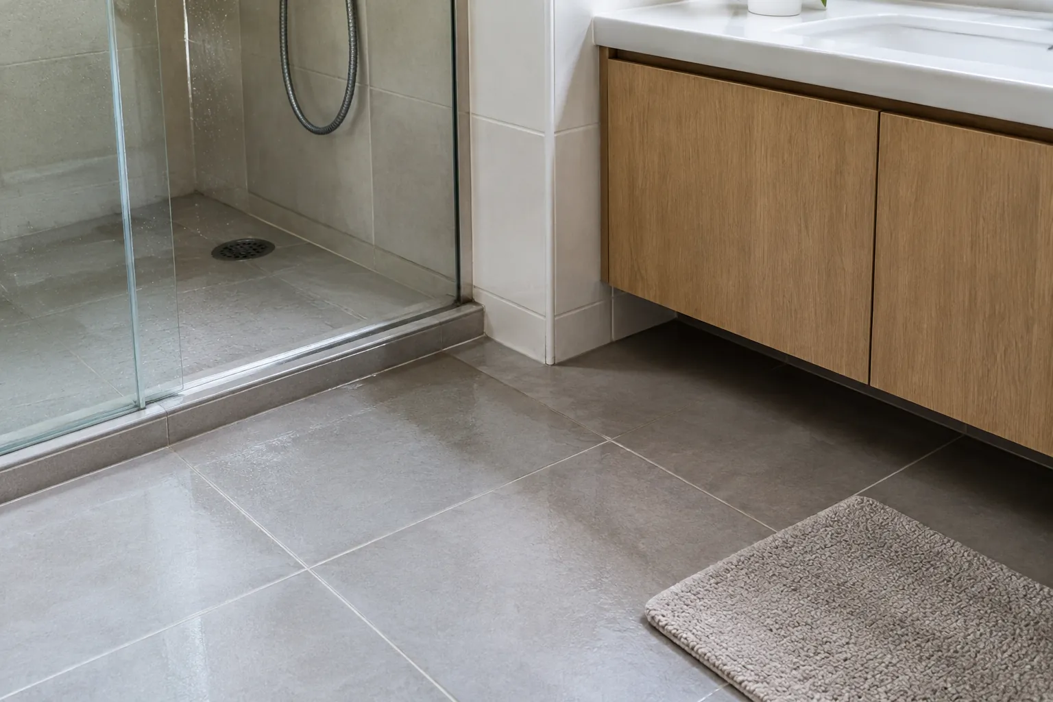 Pertemuan lantai kamar mandi dengan area shower dan kabinet