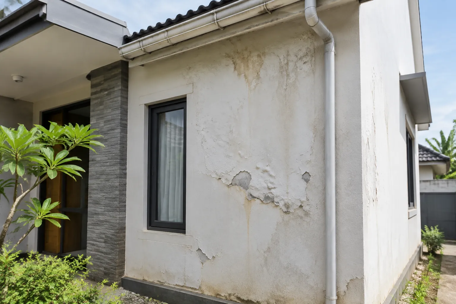 Dinding luar rumah dengan noda dan lapisan rusak