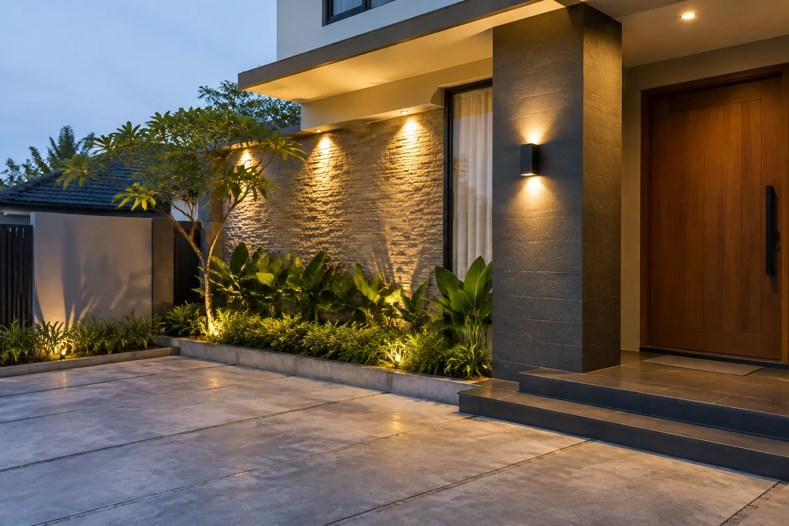 Beberapa lampu dinding menyala pada fasad rumah