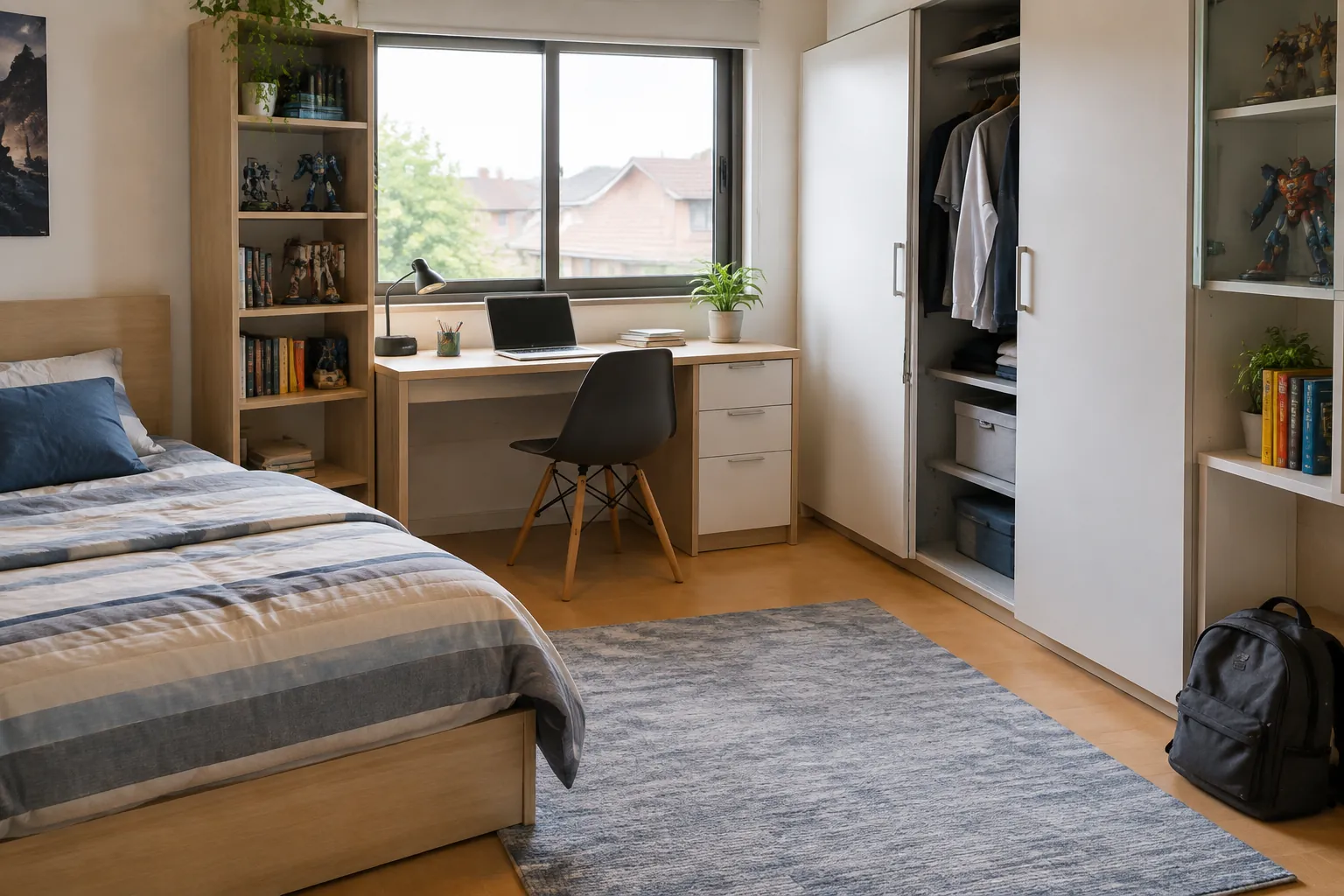 Meja belajar dan tempat tidur berada dalam satu kamar remaja