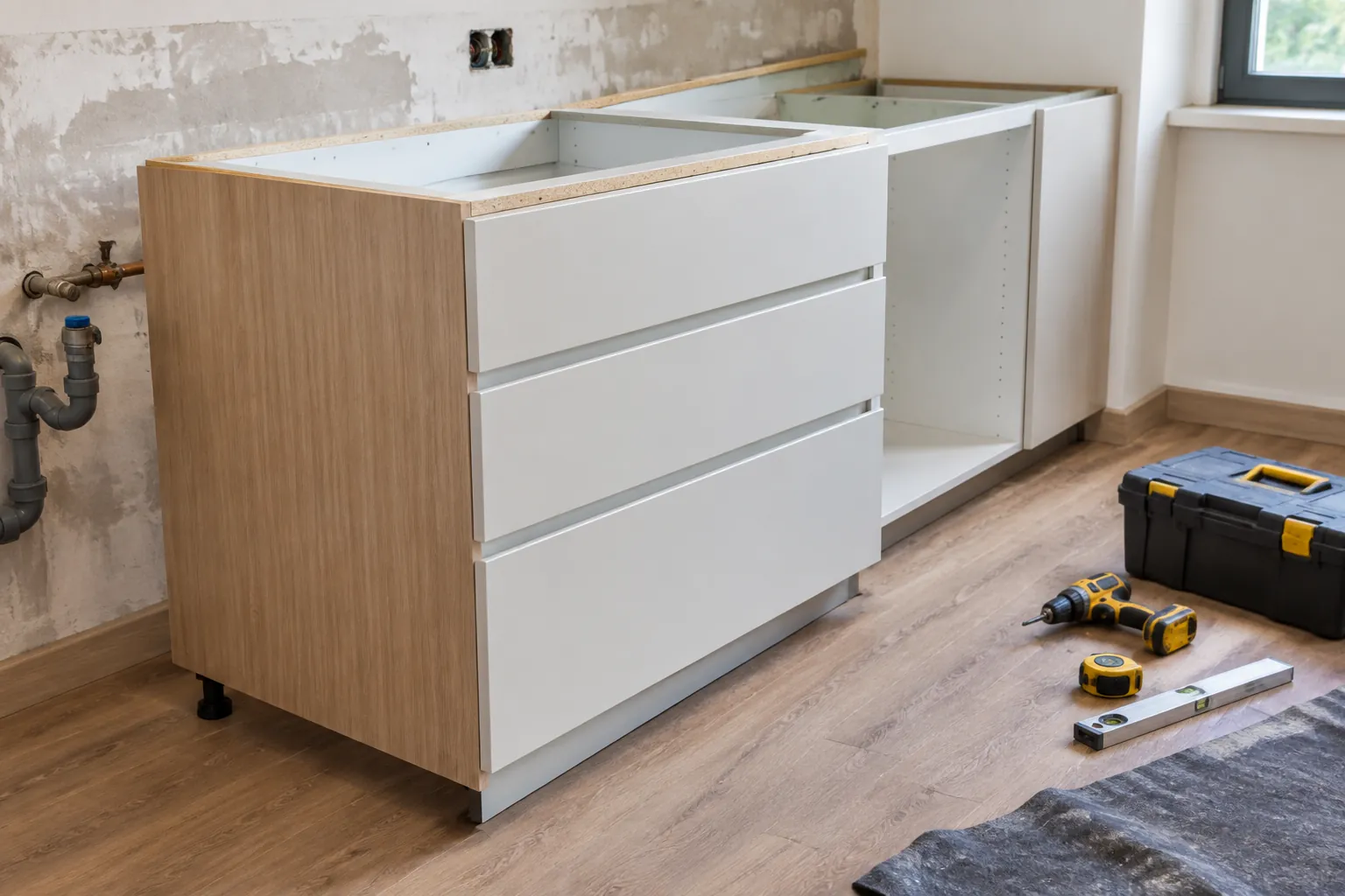Kabinet dasar kitchen set di depan dinding yang belum selesai