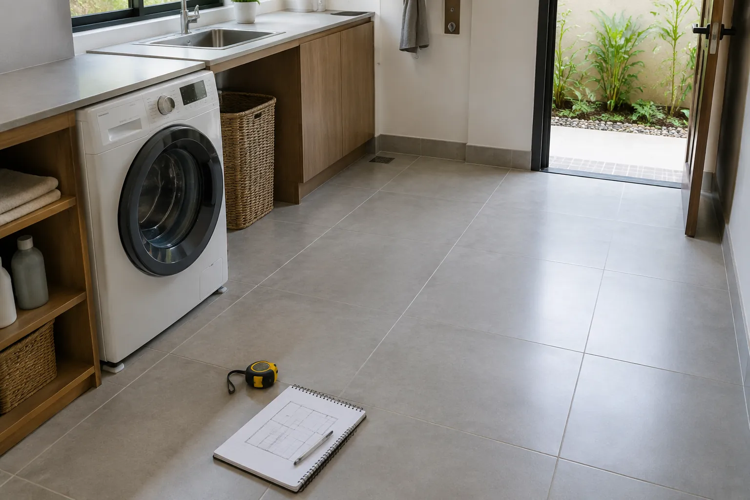 Lantai laundry dan alat ukur di dekat mesin cuci