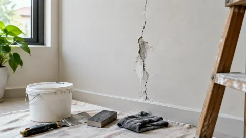 Dinding rumah retak dengan alat perbaikan di lantai