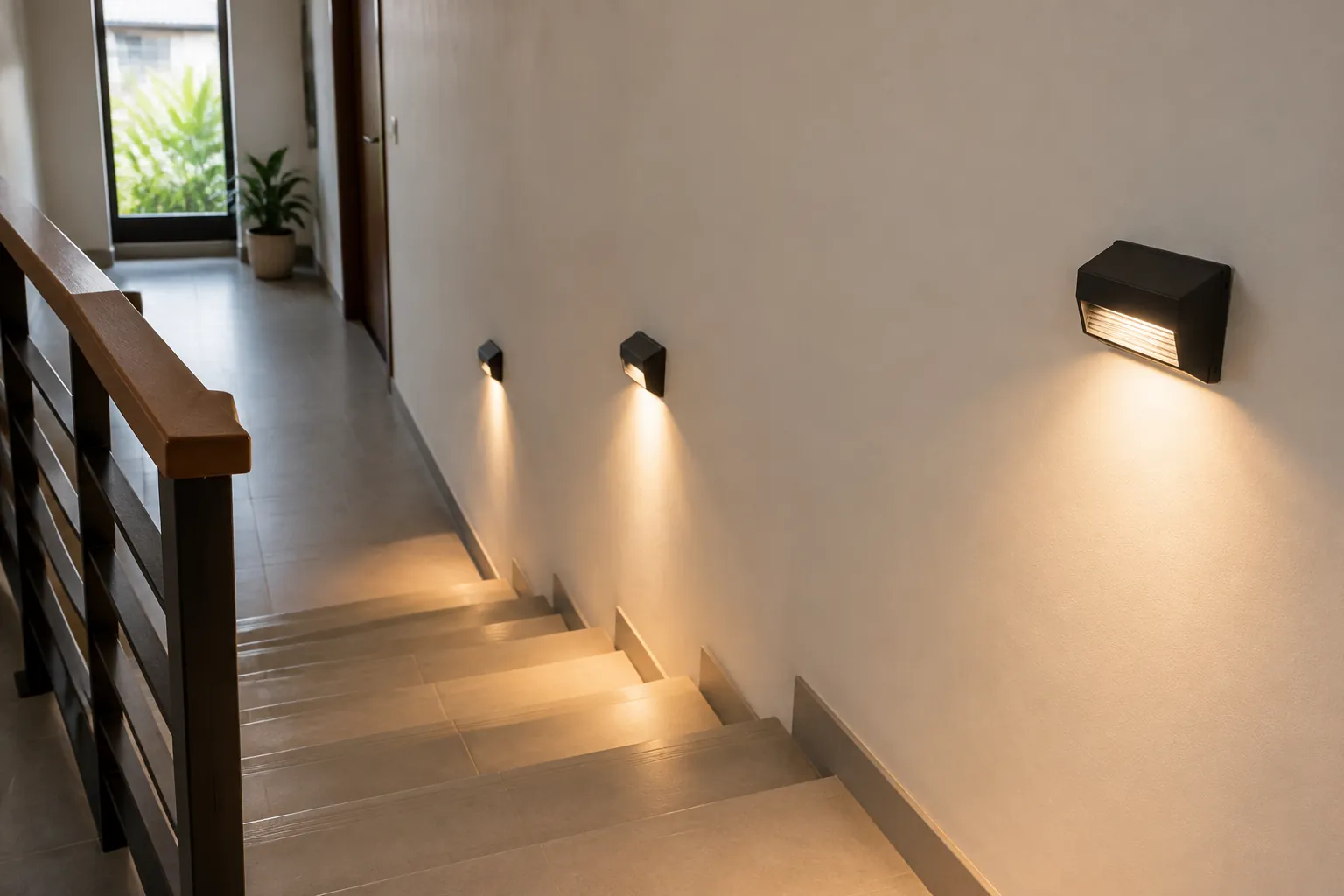 Lampu dinding menyinari anak tangga di lorong sempit
