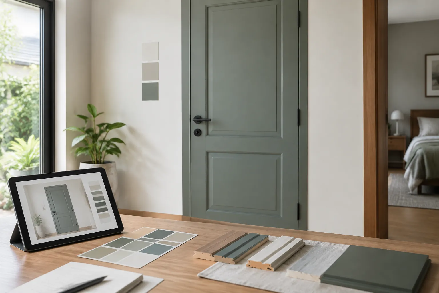 Contoh warna dan bahan di depan pintu hijau pucat