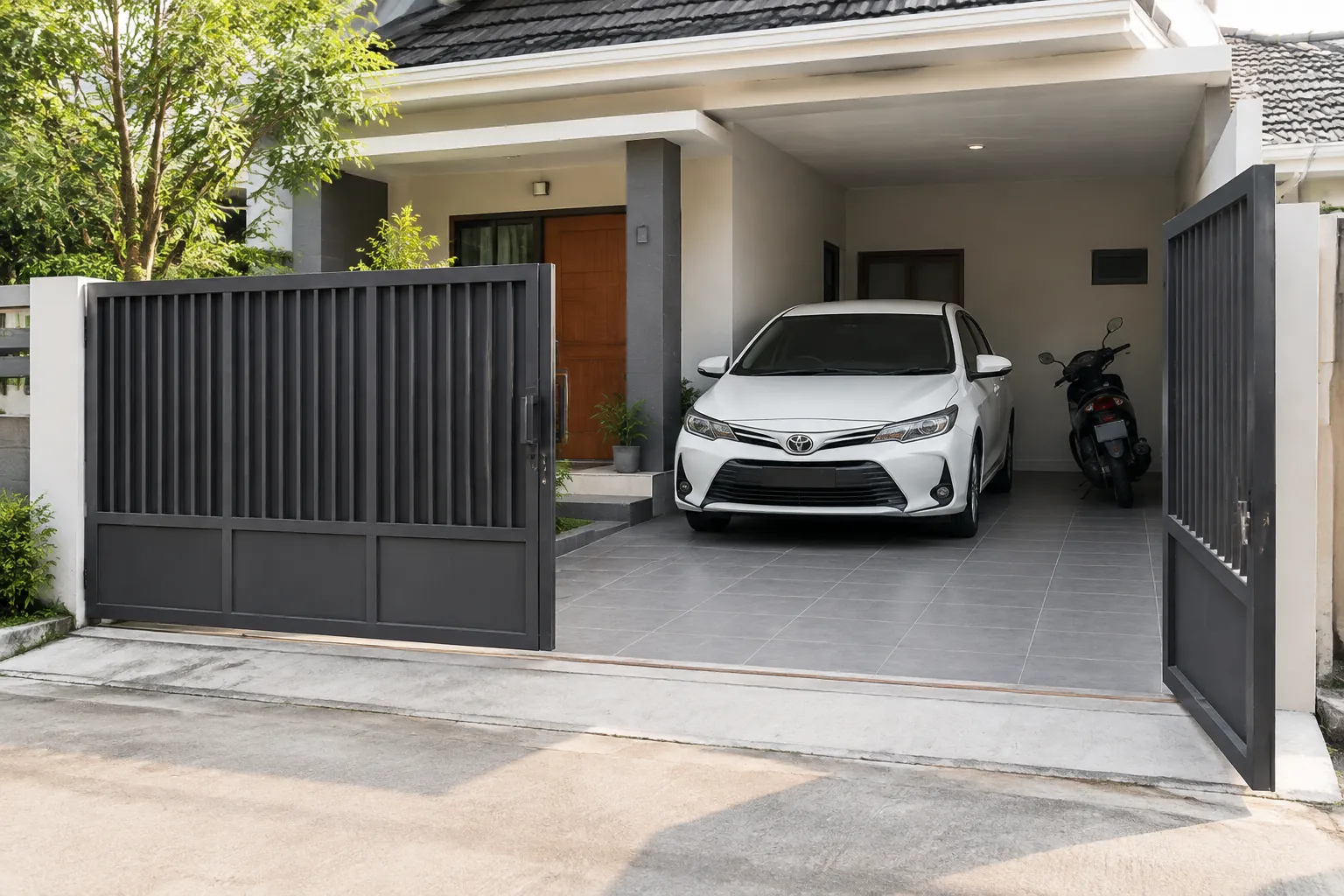 Mobil dan sepeda motor menempati carport di balik gerbang rumah