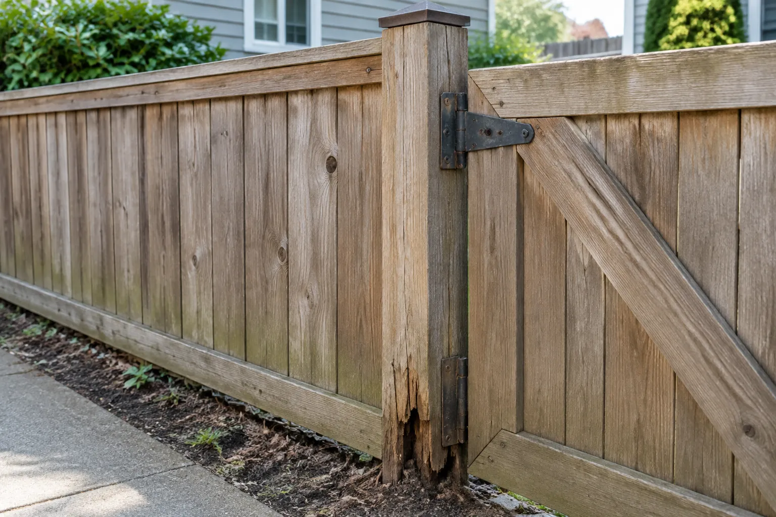Engsel gerbang kayu dekat panel pagar yang menua