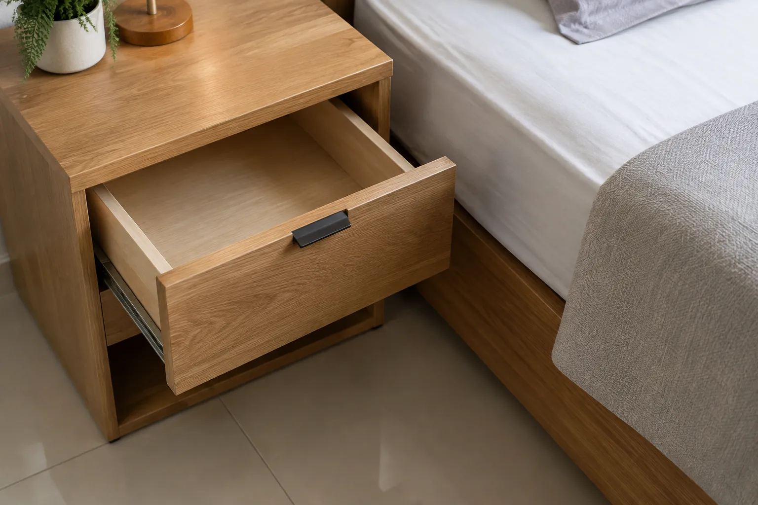 Laci nakas kayu terbuka di samping tempat tidur.