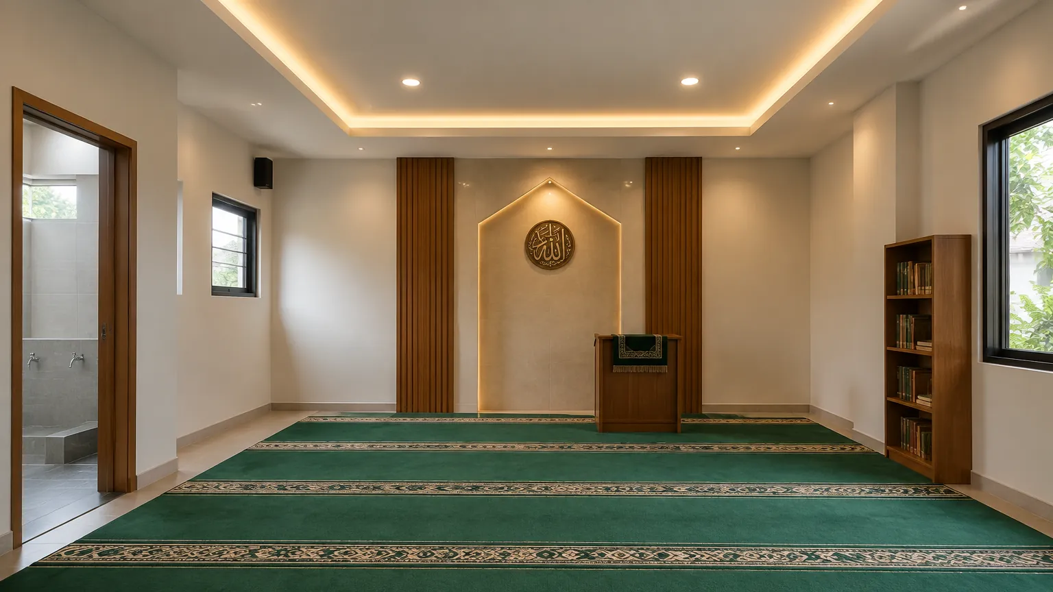 Mushola dengan karpet hijau dan lampu tersembunyi di plafon