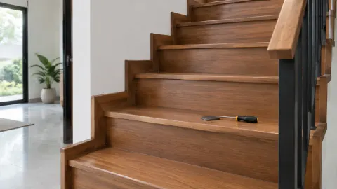 Tangga kayu dengan beberapa benda kecil di atas anak tangga