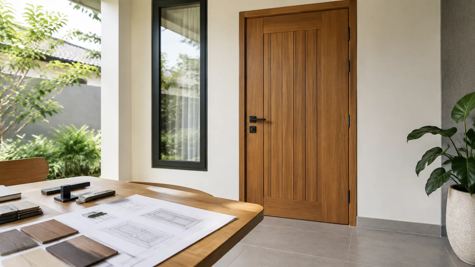 Sampel bahan pintu dan gambar rencana di depan pintu kayu