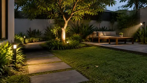 Taman rumah malam hari dengan lampu pada pohon dan jalur