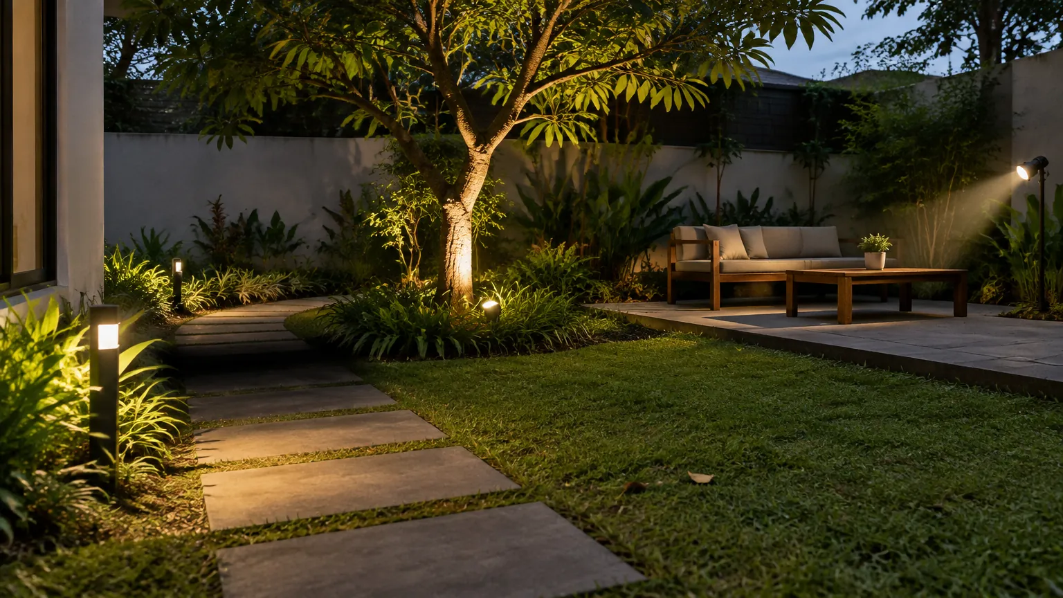 Taman rumah malam hari dengan lampu pada pohon dan jalur
