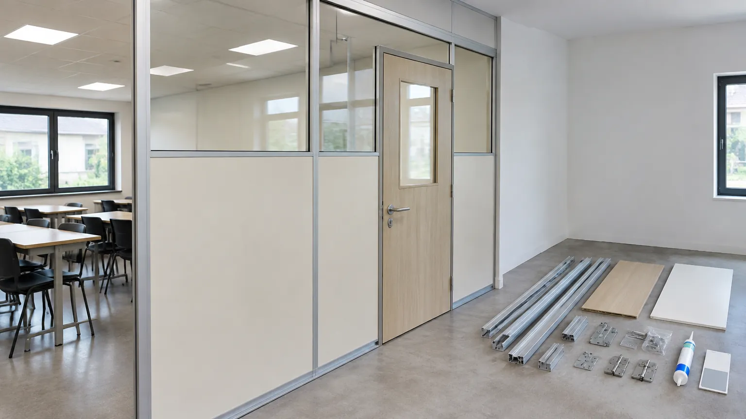 Partisi panel terang terpasang pada ruang kantor