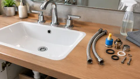 Wastafel dan komponen sambungan di atas meja kamar mandi
