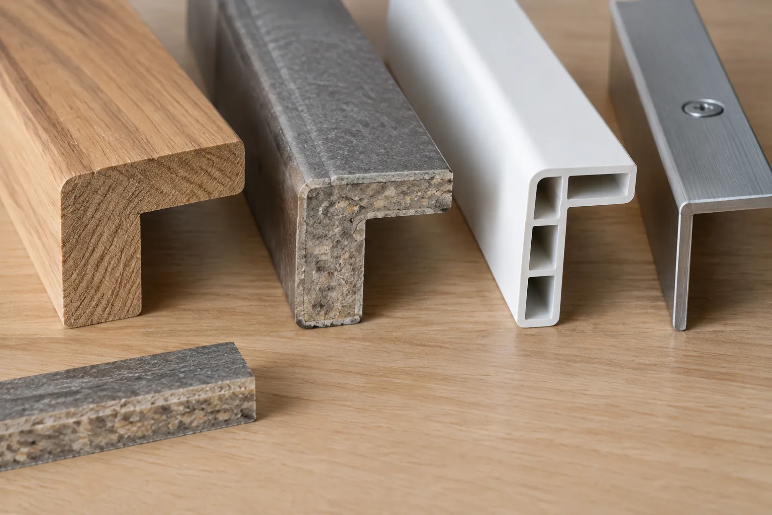 Contoh trim kayu, komposit, plastik, dan logam di meja