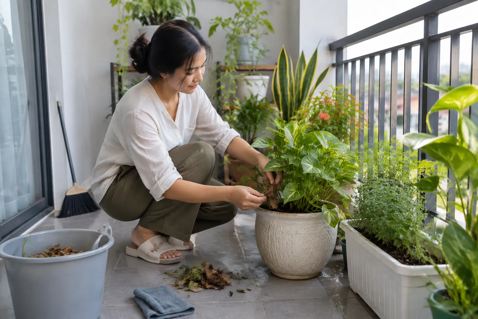 Penghuni membersihkan tanaman dalam pot di balkon