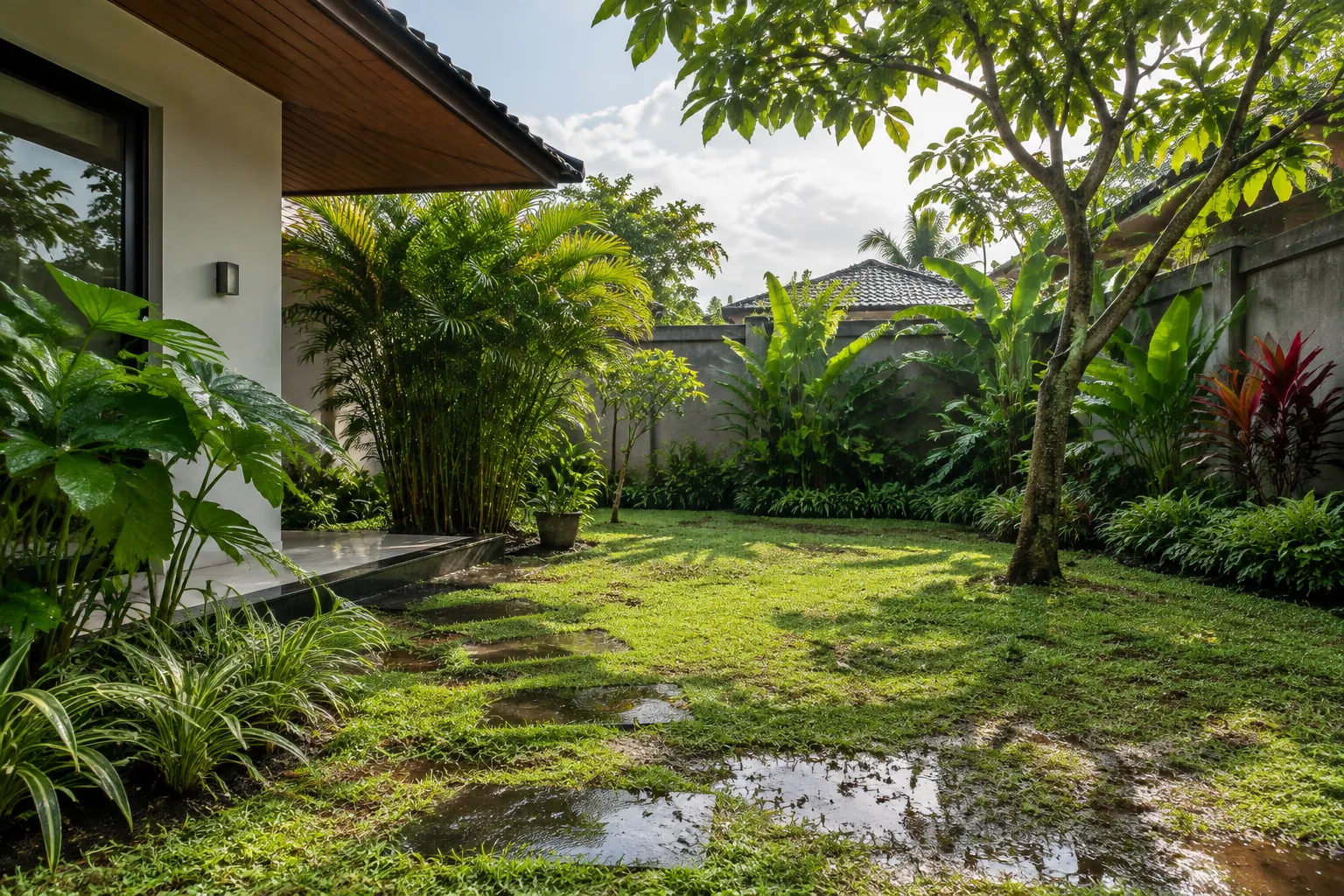 Tanah taman tropis basah di dekat rumah
