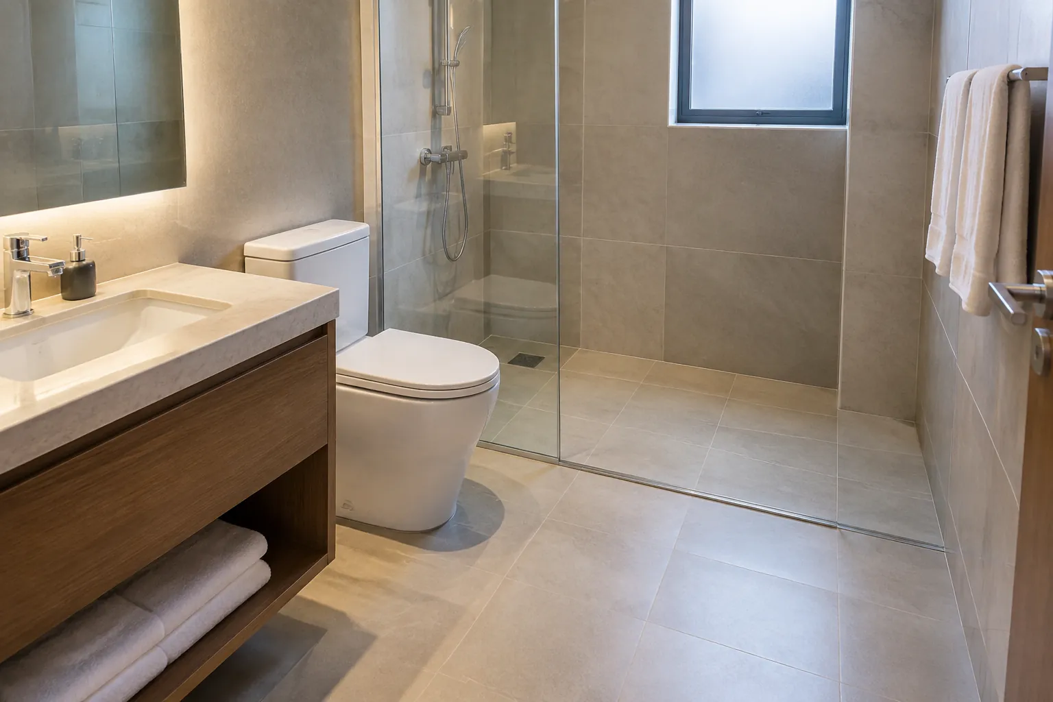 Kamar mandi hotel dengan area wastafel dan ruang pancur terpisah