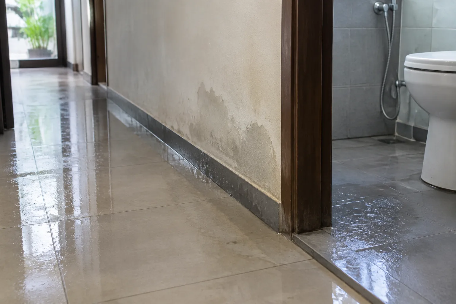 Dinding lorong lembap dekat kamar mandi