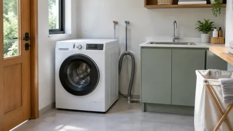 Mesin cuci dan bak cuci pada ruang laundry