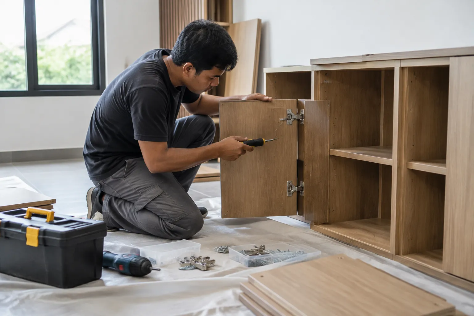 Pekerja memasang pintu kabinet furnitur kayu