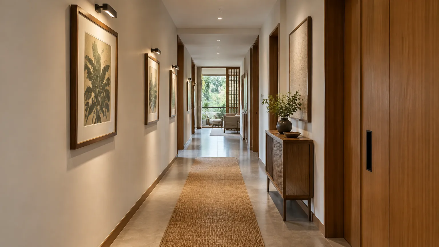 Lorong panjang dengan gambar dinding dan karpet memanjang