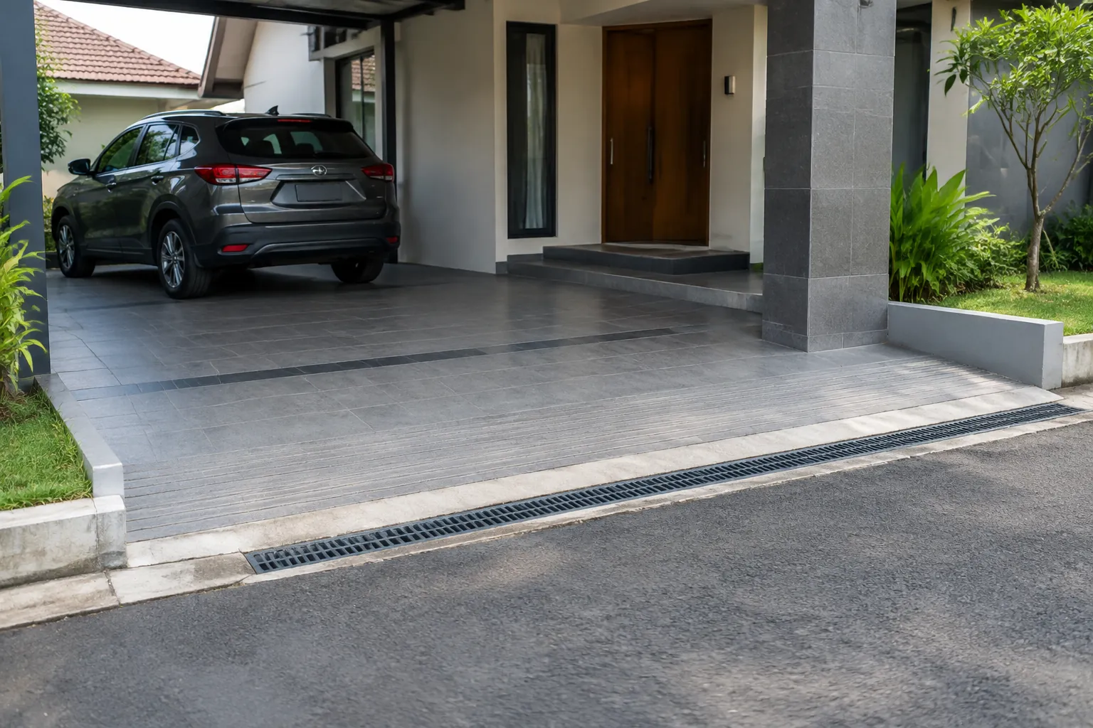Saluran linear berada pada transisi lantai carport dan jalan