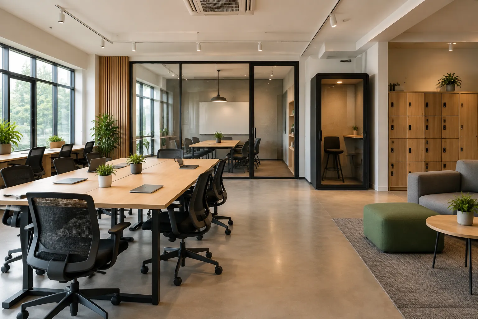 Meja bersama dan area duduk kecil tersedia di ruang coworking