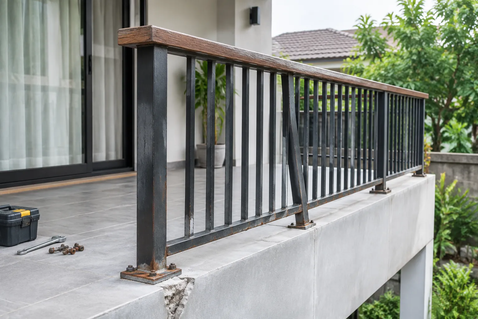Karat terlihat pada tiang dan dasar pagar logam