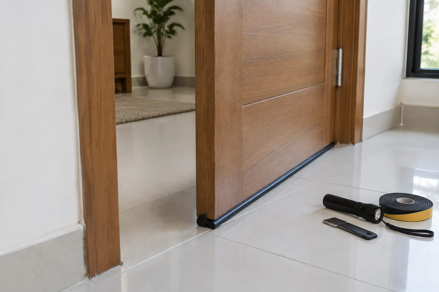 Pintu kayu dengan lis penutup celah pada bagian bawah