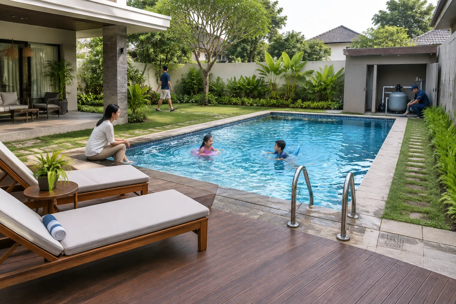 Kolam renang rumah berada di tepi area duduk luar ruang