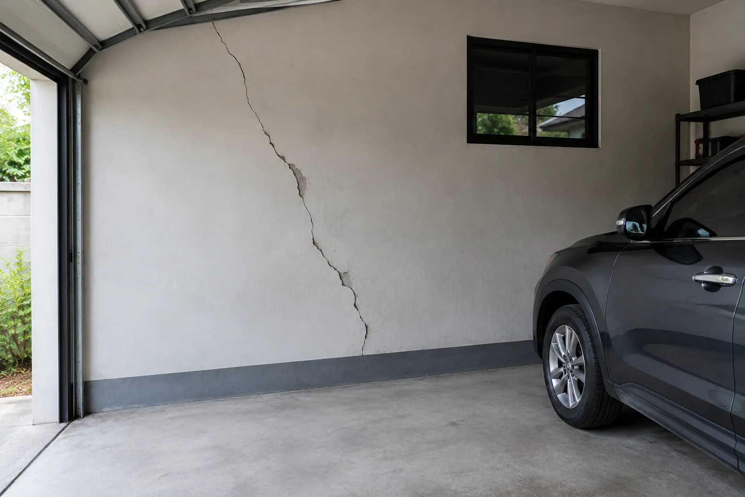 Retakan panjang pada dinding dalam garasi