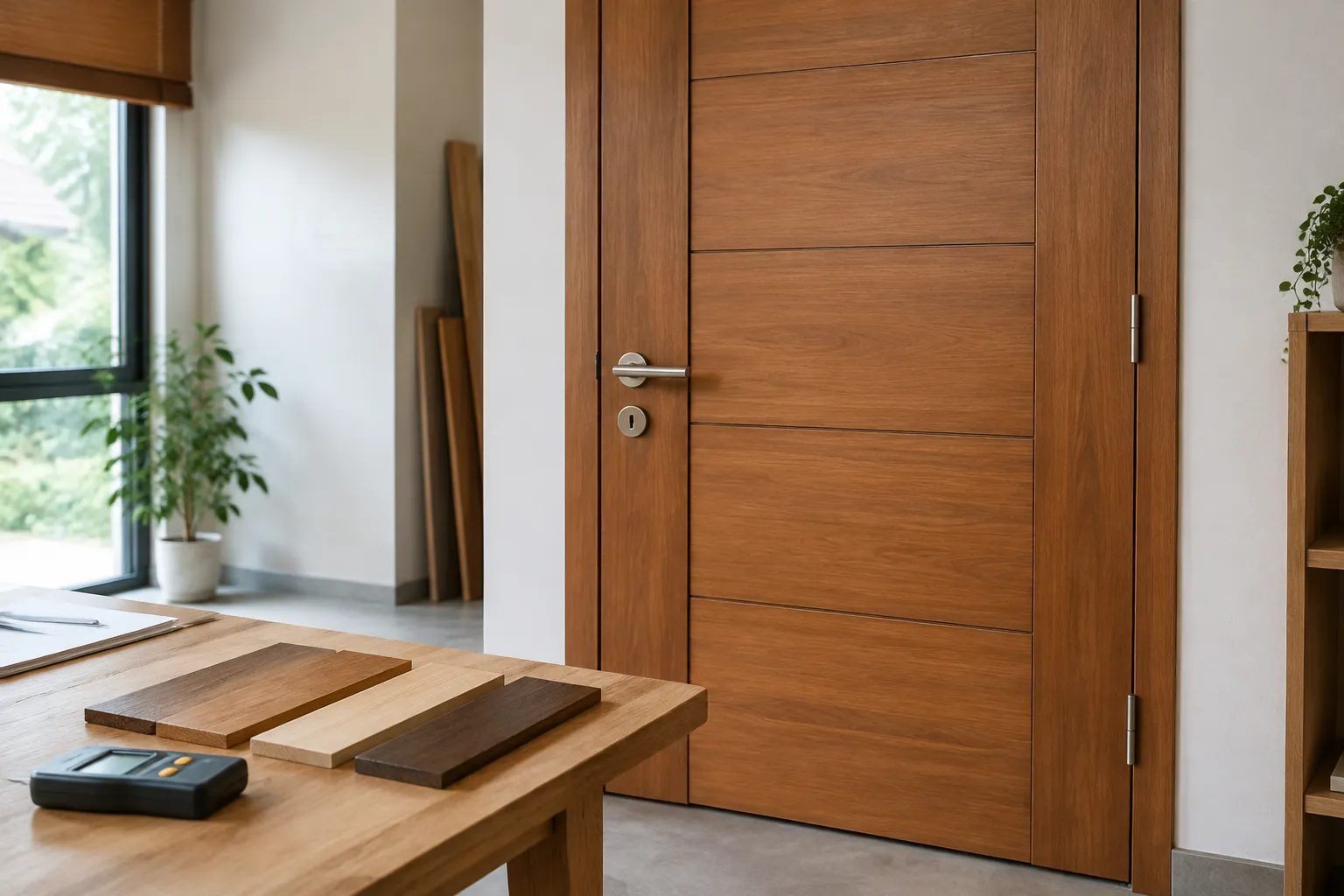 Pintu kayu lebar dengan contoh bahan di depannya