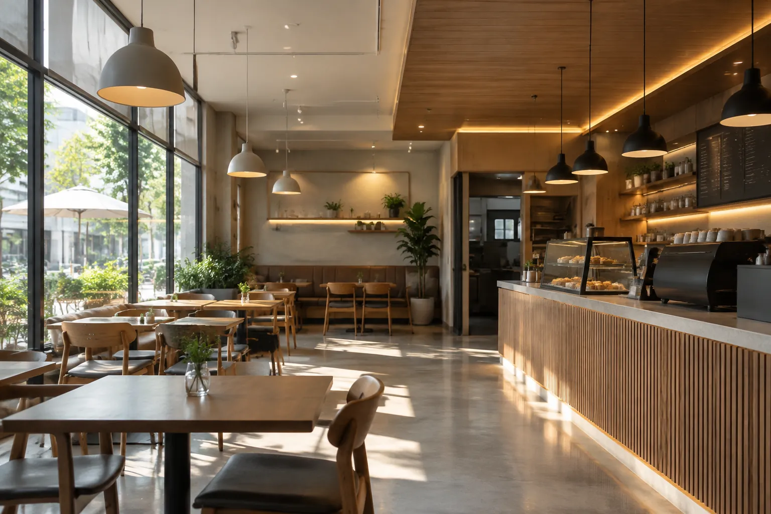 Cahaya siang masuk ke area meja dan konter kafe