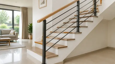 Tangga rumah dengan pegangan kayu dan pagar logam