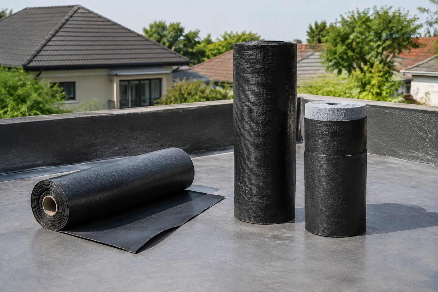 Gulungan membran bitumen disiapkan di atas dak beton