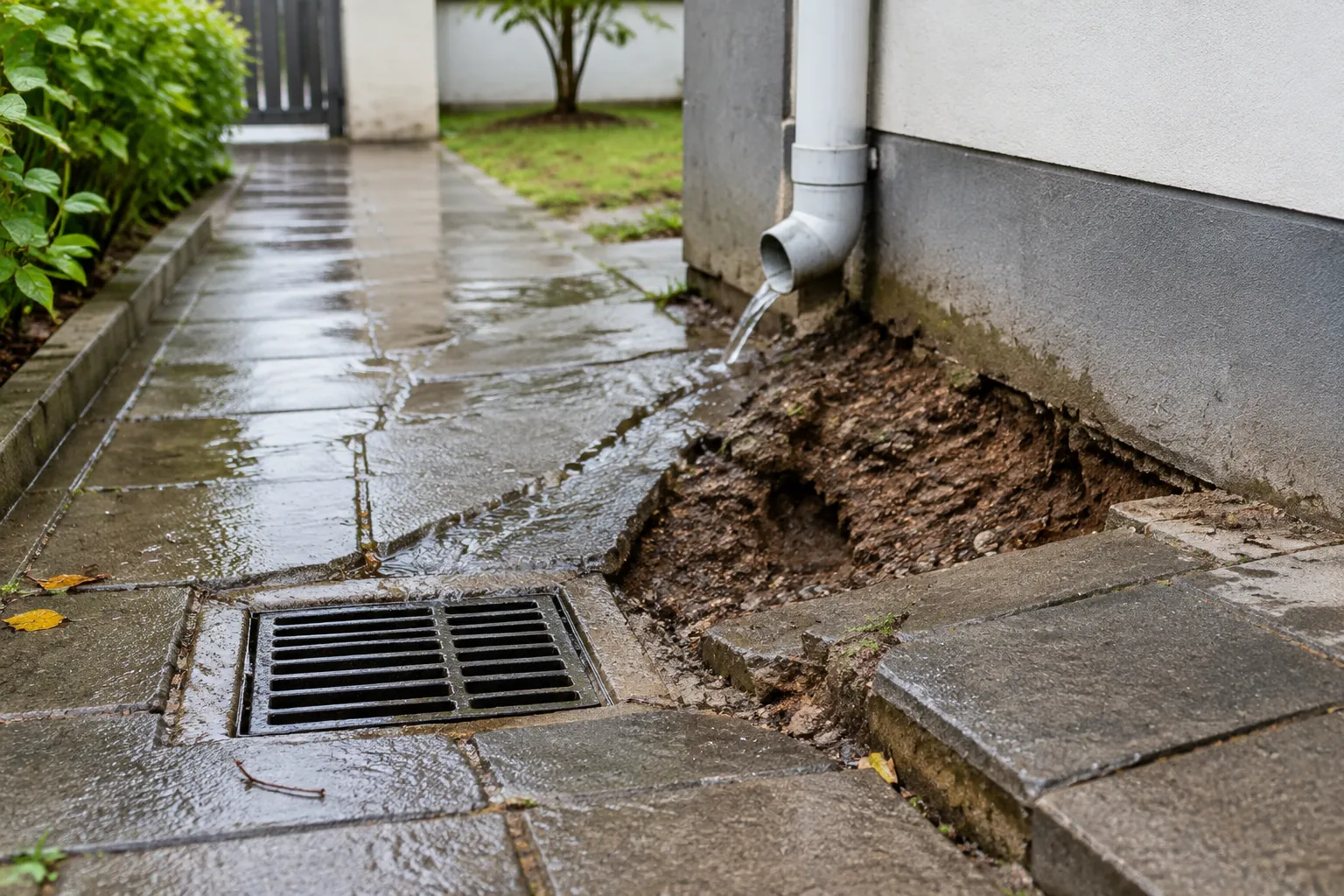 Tanah tergerus di samping paving dan saluran air
