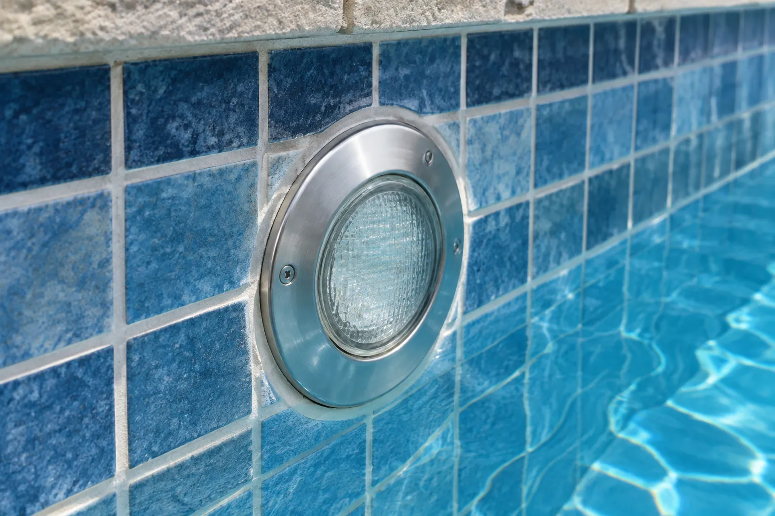 Lampu kolam terpasang pada dinding ubin biru, dengan bezel, nat dan permukaan sekitarnya terlihat.