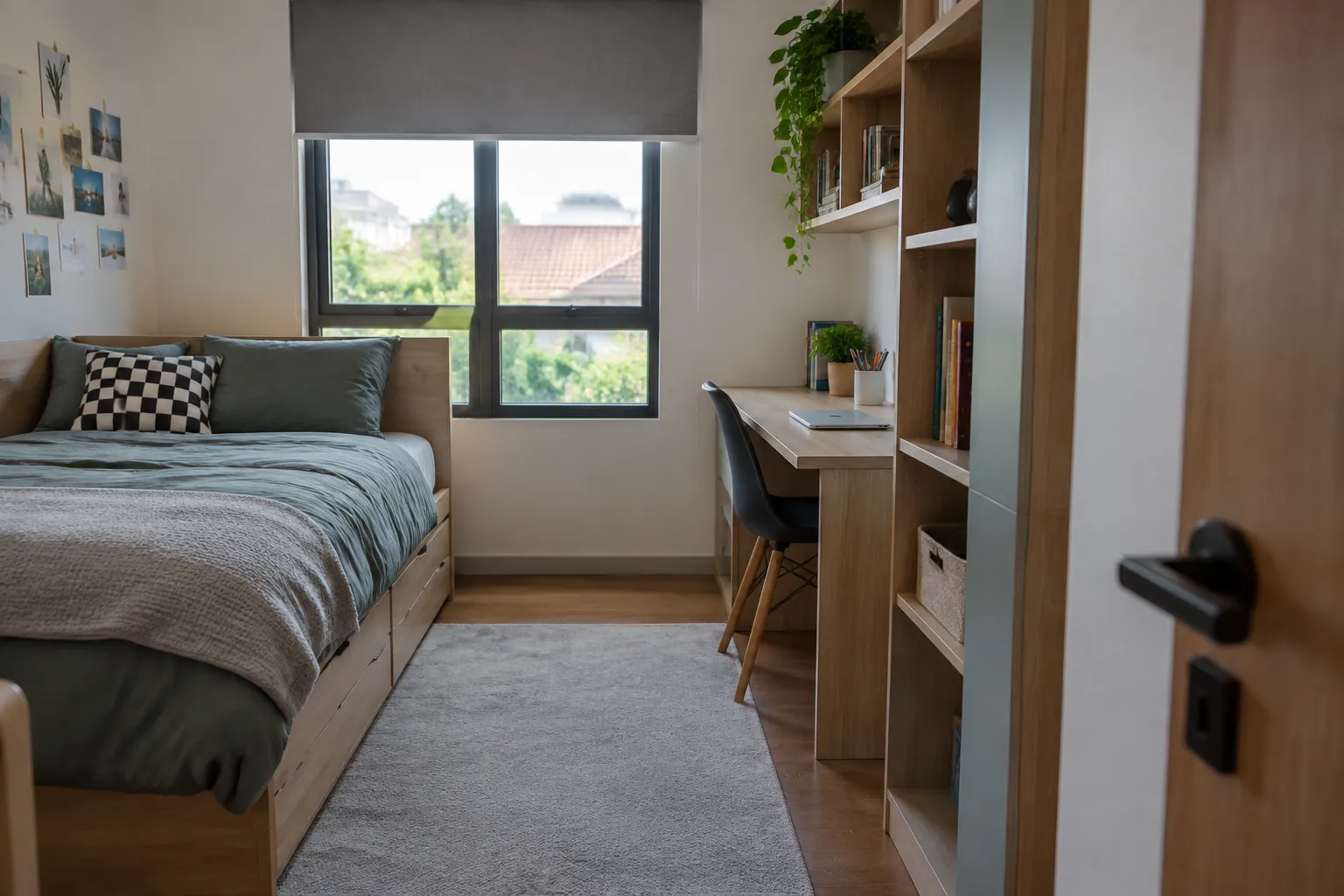 Kamar remaja dilihat dari pintu dengan tempat tidur dekat jendela